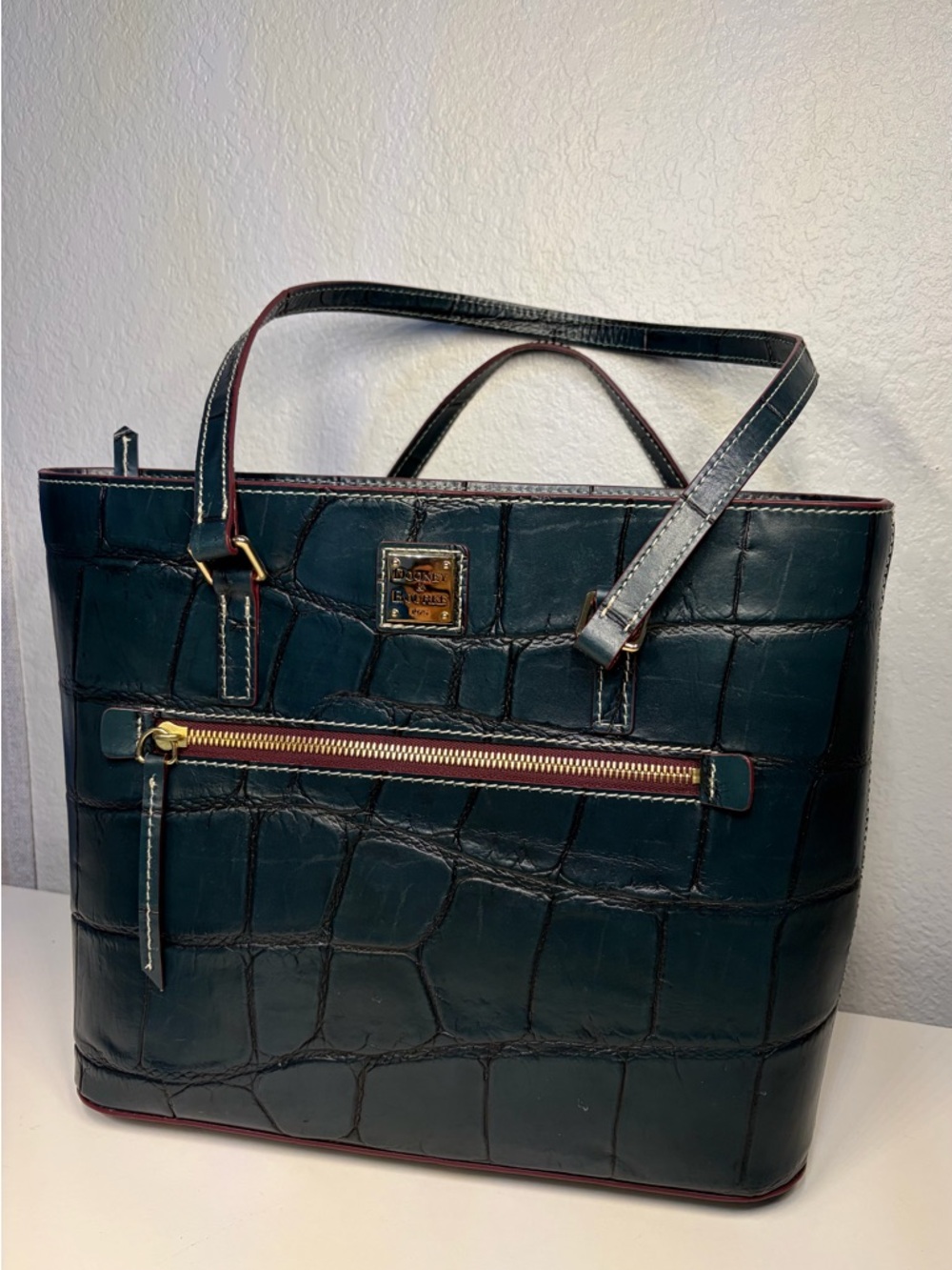 Dooney & Bourke Dark Green/ Teal Croc-Embossed Leather Tote with Gold Hardware